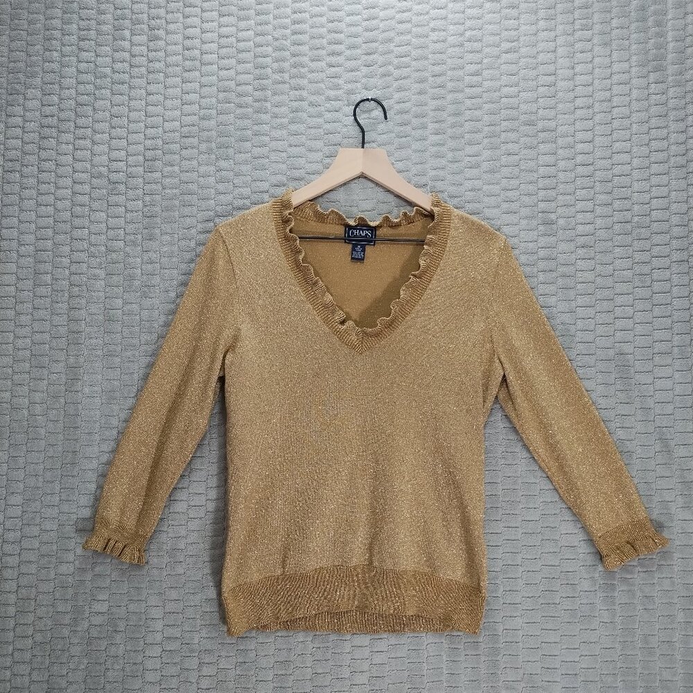 Chaps Metallic Gold Ruffle Collar Sweater-Sz M